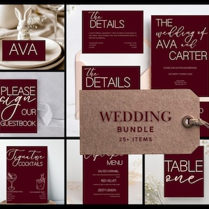 Puede incluir: Un conjunto de artículos de papelería de boda burdeos, que incluyen invitaciones, tarjetas de detalles y señalización. El paquete incluye una etiqueta que dice "Wedding Bundle 25+ Items". El texto está en una fuente blanca.