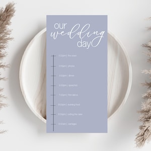 Puede incluir: Una tarjeta de programa de boda de color púrpura claro con texto en blanco. La tarjeta enumera el horario del día, incluidos los votos, las fotos, la cena, los discursos, el primer baile, la comida de la noche, el corte de la tarta y los carruajes.