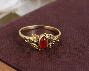 Dainty Carnelian Ring, Genuine Carnelian Ring, 18k Gold Carnelian Ring, Floral Ring, Gold Floral Ring, Minimalist Ring, Boho Gold Ring