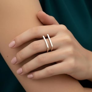 Modern Silver Geometric Ring, Minimalist Double Bar Arch Ring, Open Cage Statement Band, Architectural Sterling Silver Ring,