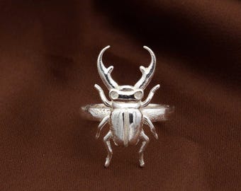 Statement Ring Women, Silver Stag Beetle Ring, Bug Ring,Large Statement Boho Hippie Insect Ring, Chunky Ring, Gift For Her