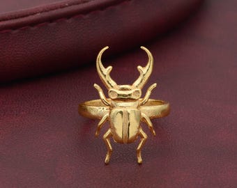 Gold Stag Beetle Statement Ring, Unique Insect Nature Jewelry, Gothic Bug Ring, Egyptian Scarab Style Gift for Her, Bold Animal Ring