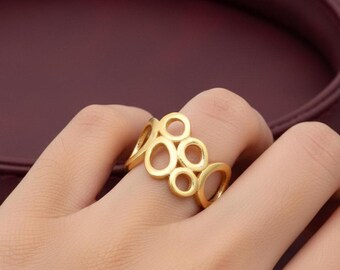 Gold Bubble Ring, Geometric Open Circle Band, Wide Brass Statement Ring, Modern Abstract Jewelry, Multi Circle Ring, Minimalist Gift for Her