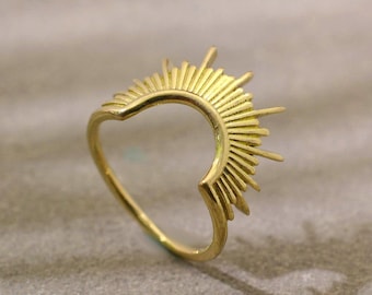 Gold Sonnenring, Sonnenring, himmlischer Ring, Gold Sunburst Ring, Goldring, Massivgoldring, 14K Goldring, Goldversprechensring, zierlicher Goldring