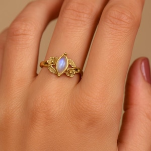 Brass Ring - Gold Plated Ring - Natural Rainbow Moonstone - Handmade Jewelry - Statement Ring - Promise Ring - Gift For Her