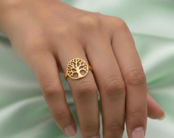 Anello con albero della vita in oro, fascia con albero genealogico, gioielli spirituali e naturalistici, anello con albero della vita traforato, regalo di crescita simbolica