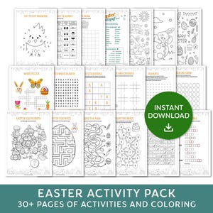 Puede incluir: Un paquete de actividades de Pascua imprimible con más de 30 páginas de actividades y páginas para colorear. El paquete incluye una variedad de actividades como punto a punto, búsquedas de palabras, laberintos y más. Las actividades están todas relacionadas con la Pascua y presentan lindas ilustraciones de conejos y huevos.