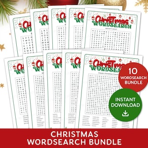 May include: A stack of Christmas word search puzzle sheets with a red and green theme. The bundle includes 10 puzzles and is available for instant download. The text "Christmas Wordsearch Bundle" is displayed.