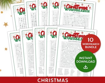 May include: A stack of Christmas word search puzzle sheets with a red and green theme. The bundle includes 10 puzzles and is available for instant download. The text "Christmas Wordsearch Bundle" is displayed.