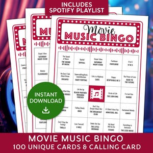 Movie Music Bingo Game with Spotify playlist, Movie Night Bingo, Movie Party, Film Night, Ladies Game Night, Family Reunion Bingo