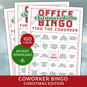 Puede incluir: Tres hojas de tarjetas de "Bingo de la edición navideña de la oficina". Las tarjetas tienen un borde rojo y presentan casillas de bingo con actividades temáticas navideñas. Un círculo verde dice "Descarga instantánea" y "100 tarjetas".