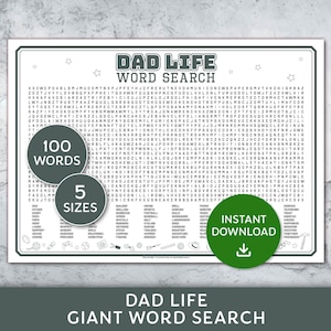 Pode incluir: Um quebra-cabeça de palavras "Dad Life" em preto e branco com 100 palavras e 5 tamanhos disponíveis. O quebra-cabeça apresenta o texto "Dad Life Word Search" na parte superior e "Giant Word Search" na parte inferior. Um botão "Download instantâneo" é visível.