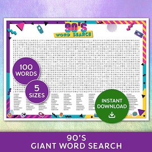 May include: A bright 90s-themed word search puzzle with a colourful design. The puzzle features the text "90's WORD SEARCH" at the top, with the words "100 WORDS" and "5 SIZES" in purple circles. A green button says "INSTANT DOWNLOAD".