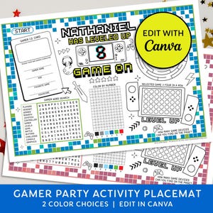 Gaming Party Placemat, Editable Party Activity Placemat, Personalised Party Printable Activity Sheet, Gaming Birthday, Digital Download