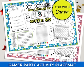 Gaming Party Placemat, Editable Party Activity Placemat, Personalised Party Printable Activity Sheet, Gaming Birthday, Digital Download