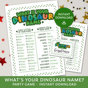 Qual é o seu nome de dinossauro, jogo de nome de dinossauro, aniversário de dinossauro, placa de festa de dinossauro, jogo de festa para impressão, download digital