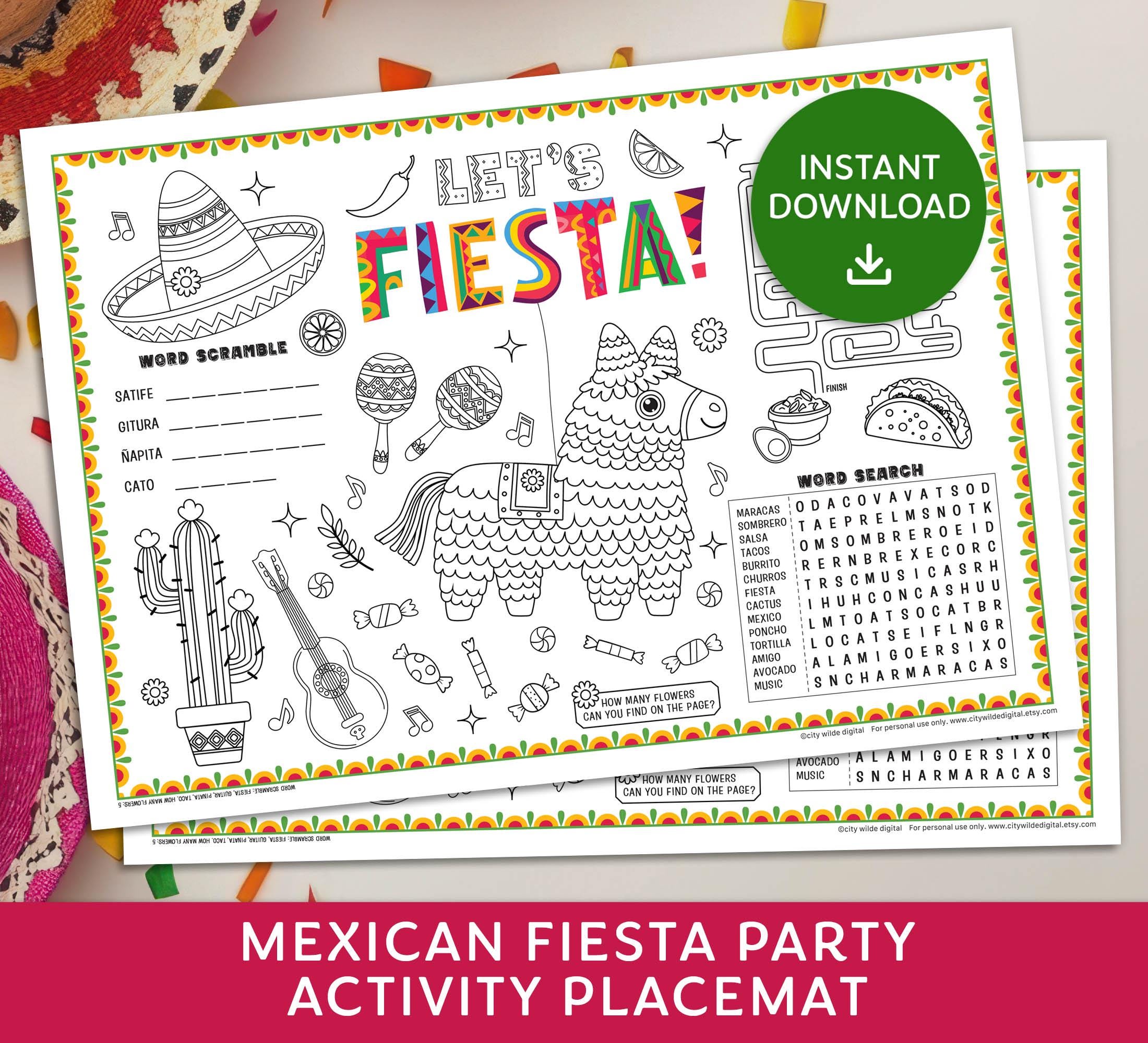 Mexican Birthday Activity Placemat, Mexican Fiesta Party Coloring…