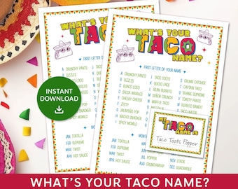 Whats your Taco Name, Mexican Party Game, Cinco de Mayo Printable Game, Fiesta Name Game, Taco Tuesday game, Birthday Party Fun