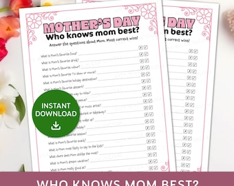 Chi conosce meglio la mamma? Gioco stampabile per la festa della mamma, gioco di indovinelli sulla mamma, gioco per baby shower, quanto conosci bene la mamma?