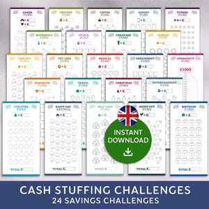 Könnte beinhalten: Ein Set mit 24 druckbaren Cash-Stuffing-Challenge-Trackern. Jeder Tracker zeigt ein anderes Sparziel, wie z. B. "Gamer-Fonds", "Lebensmittel-Fonds", "Kaffee-Fonds", "Gadget-Fonds", "Fitness-Fonds", "Haushalts-Fonds", "Benzin-Fonds", "Kinderbetreuung-Fonds", "Sommer-Fonds", "Essen gehen-Fonds", "Tierpflege-Fonds", "Medizin-Fonds", "Anreicherungs-Fonds", "Notfall-Fonds", "Kleiderschrank-Fonds", "Reise-Fonds", "Weihnachts-Fonds", "Unterhaltung-Fonds", "Versorgungs-Fonds", "Regentag-Ersparnisse", "Selbstpflege-Fonds", "Abendessen-Fonds" und "Geburtstags-Fonds".