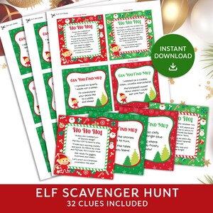 May include: A collection of printable Christmas Elf Scavenger Hunt clues. The cards feature red and green borders with festive illustrations and text. The words "Ho Ho Ho" and "Can You Find Me?" are visible.