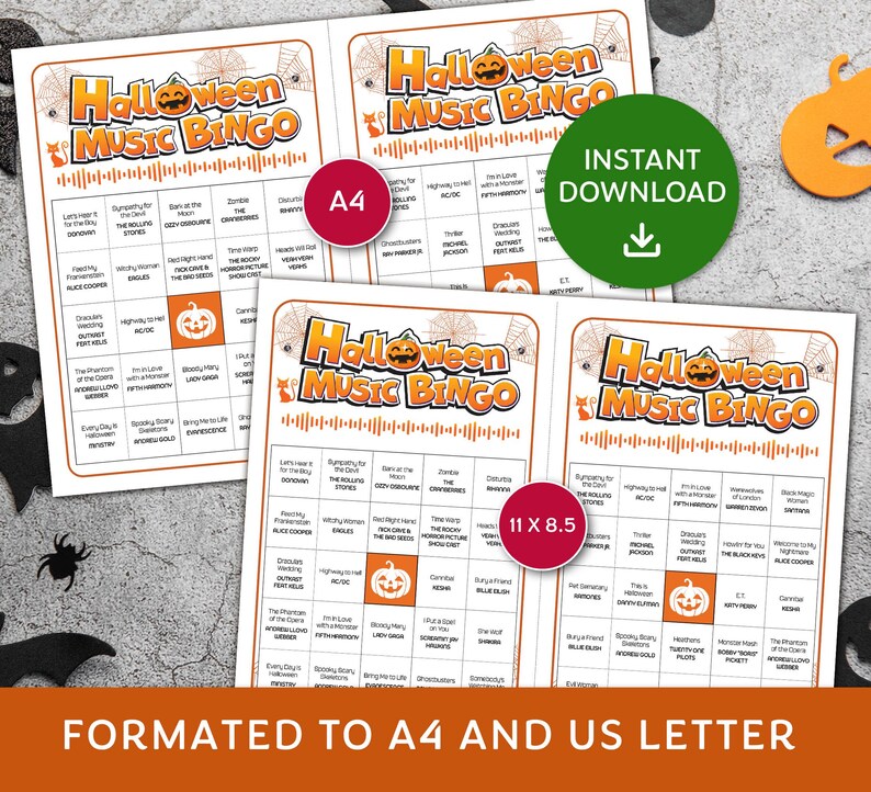 Halloween Music Bingo Game, Halloween Bingo with Spotify playlist, Halloween Party, Family Reunion Game