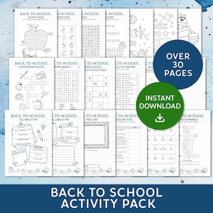 Puede incluir: Un conjunto de páginas de actividades imprimibles en blanco y negro para la vuelta al cole. Las páginas incluyen laberintos, búsquedas de palabras, crucigramas y más. Las palabras "Back to School Activity Pack" están en la parte inferior, con "Over 30 Pages" y "Instant Download".