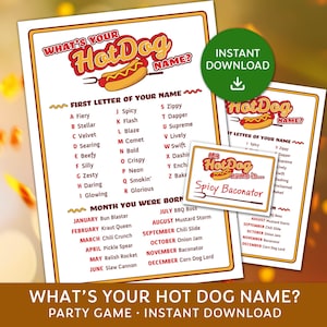 Was ist Ihr Hot Dog-Name mit Namensschildern, Hot Dog-Partyspiel, Grillparty, Sommer-Barbeque, Nationaler Hot Dog-Tagesspiel, Hot Dog-Monat