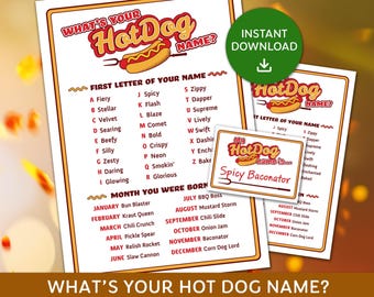 Whats your Hot Dog Name with Name tags, Hot Dog Party Game, BBQ Cookout, Summer BBQ, National Hot Dog Day Game, Hot Dog Month