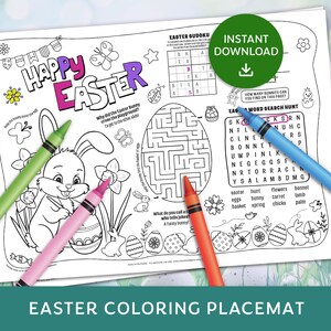Easter Activity Placemat, Easter Coloring Page, Easter Puzzles Placemat