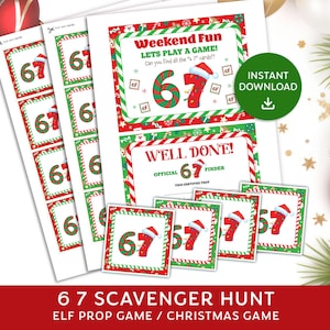 Può includere: Un gioco di caccia al tesoro a tema natalizio con il numero 67 in rosso e verde. Il gioco include carte con il numero 67, un cartello "Weekend Fun" e un certificato "Well Done". Sono visibili anche le parole "Instant Download".