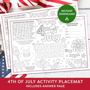May include: Two white activity placemats with a red border, featuring 4th of July themed word searches, mazes, and word scrambles. The text "4th of July" is prominently displayed. Includes an answer page.