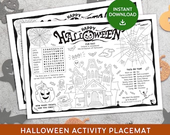 Halloween Activity Placemat, Halloween Party Coloring Activity Placemat, Happy Halloween activity mat, Classroom activity sheet
