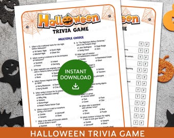 May include: A Halloween Trivia Game printable with multiple choice and true or false questions. The game features a spiderweb design and the words "Halloween Trivia Game" in orange and black. Includes an "Instant Download" button.