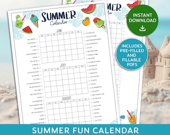 Sommer-Planerkalender, Sommeraktivitätenkalender, Sommer-Bucketlist, Familienkalender, Großer Sommerkalender, ausfüllbares PDF