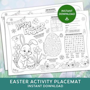May include: Black and white printable Easter activity placemat featuring a bunny rabbit painting an egg, a maze, a word search, and a Sudoku puzzle. The placemat has the text "Happy Easter" at the top.