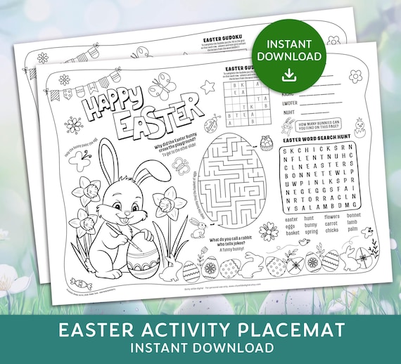 Easter Activity Placemat, Easter Coloring Placemat, Printable Easter Activity Worksheet, Easter Coloring Page, Instant Download