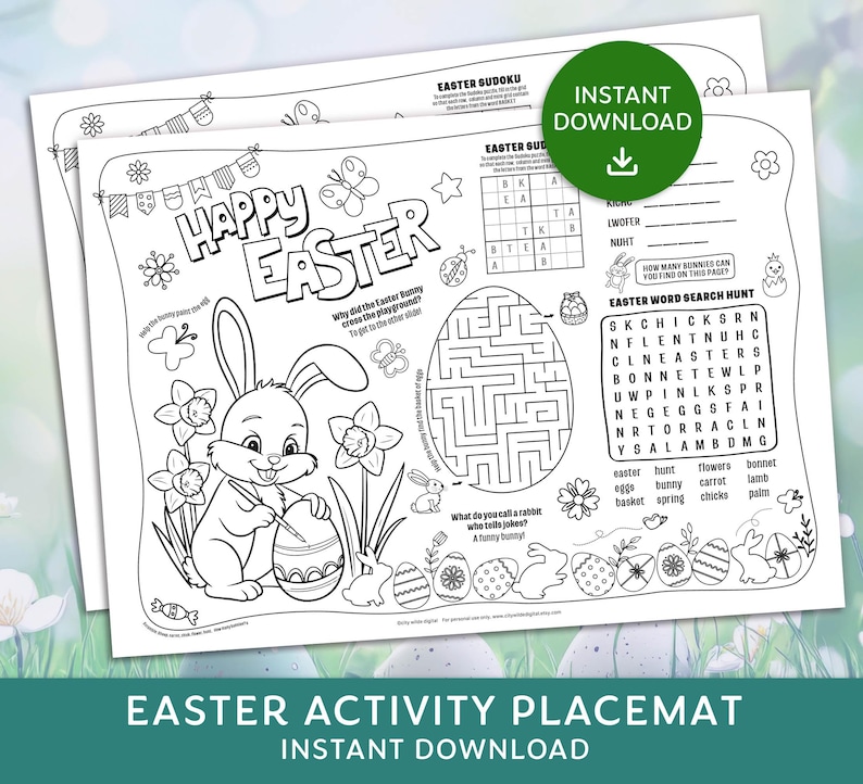 Easter Activity Placemat, Easter Coloring Page, Easter Puzzles Placemat