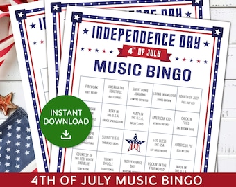 4th of July Music Bingo Game, Independence Day Music Bingo, Fourth of July Game, Family Reunion Music Bingo