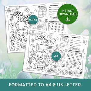 Easter Activity Placemat, Easter Coloring Page, Easter Puzzles Placemat