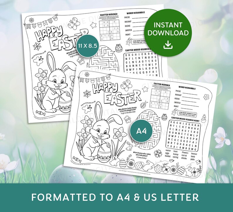 Easter Activity Placemat, Easter Coloring Page, Easter Puzzles Placemat