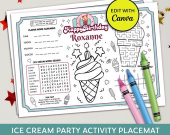 Ice Cream Birthday Activity Placemat, Ice Cream Coloring Activity Placemat, Editable Ice Cream Party Coloring Page, Instant Download