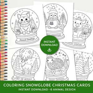 Cartões de colorir globo de neve de Natal para todos, Cartões de colorir, Cartão de Natal quadrado, Cartão de Natal para imprimir para colorir, Edição animal