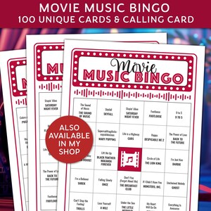 Movie Music Bingo Game, Movie Night Bingo with playlist also available