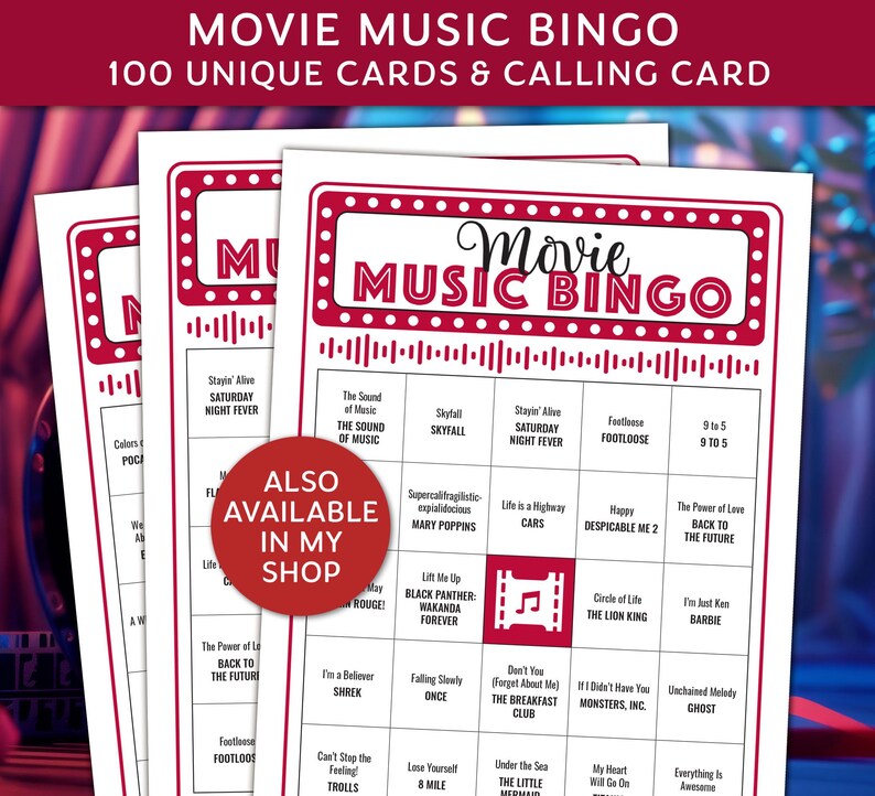 Movie Music Bingo Game, Movie Night Bingo with playlist also available