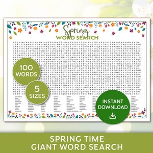 Peut inclure: Un jeu de recherche de mots sur le thème du printemps, de forme rectangulaire, avec une bordure florale. Le puzzle comprend 100 mots et est disponible en 5 tailles. Un cercle vert indique un téléchargement instantané.