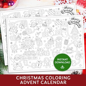 Puede incluir: Dos calendarios de adviento de Navidad para colorear en blanco y negro con ilustraciones festivas, incluyendo a Papá Noel, adornos y un árbol de Navidad. Los calendarios tienen los números 1-25 y el texto "Merry Christmas". El texto inferior dice "CHRISTMAS COLORING ADVENT CALENDAR".