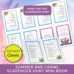 May include: A printable summer bar crawl scavenger hunt mini book with a tropical theme. The book has a pink, blue, and green color scheme with illustrations of palm trees and cocktails. The cover features the text "Summer Bar Crawl Scavenger Hunt Mini Book".