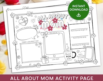 All About My Mom, Mother's Day Printable, Card for Mom, Printable Activity Page, Mothers Day Coloring In Page, Mothers Day Activity