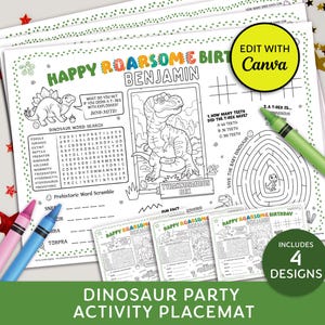 May include: A printable dinosaur-themed activity placemat for a birthday party. The placemat features a green, yellow, and red color scheme with a dinosaur word search, a word scramble, a maze, and a dinosaur fact. The placemat is designed to be personalized with a name, such as "Benjamin".